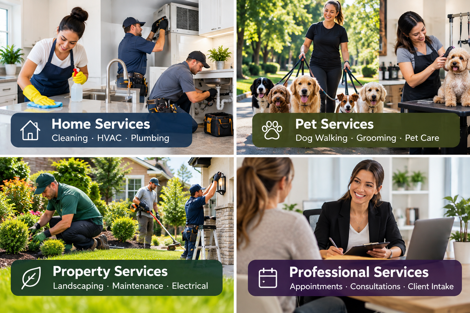 Service businesses supported by Premium Intake Assist including home, pet, property, and professional services